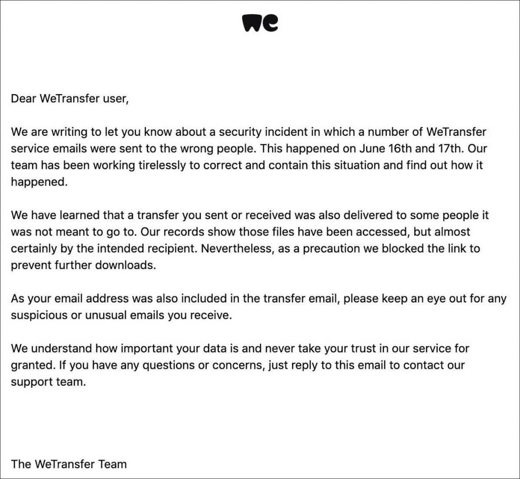 Wetransfer güvenlik açığını kullanıcıları ile paylaştı. İki gün boyunca paylaşılan dosyalar hatalı kişilere gönderildi.